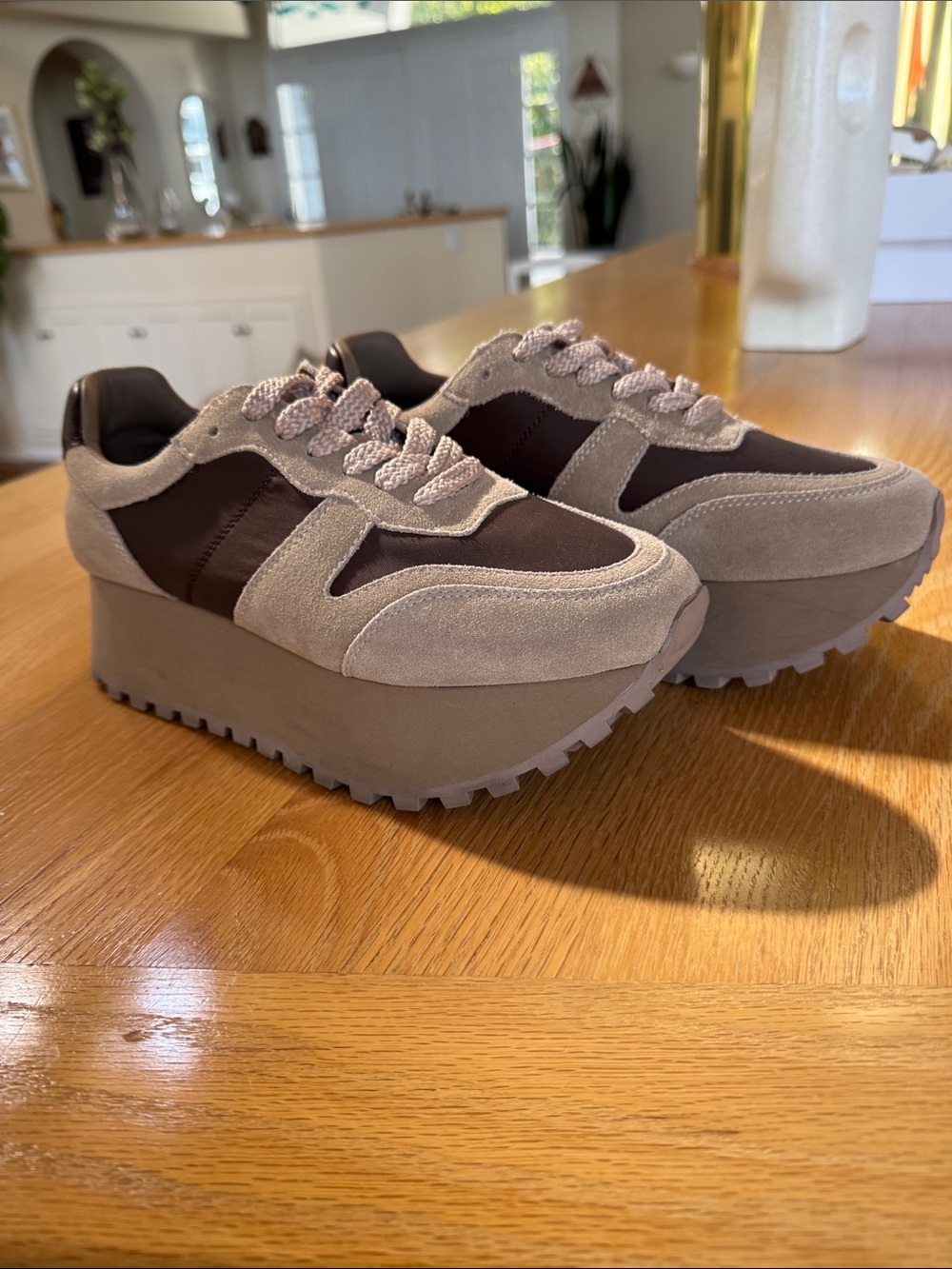 Women's Platform Lace-Up Sneakers in Taupe and Chocolate size 9/40